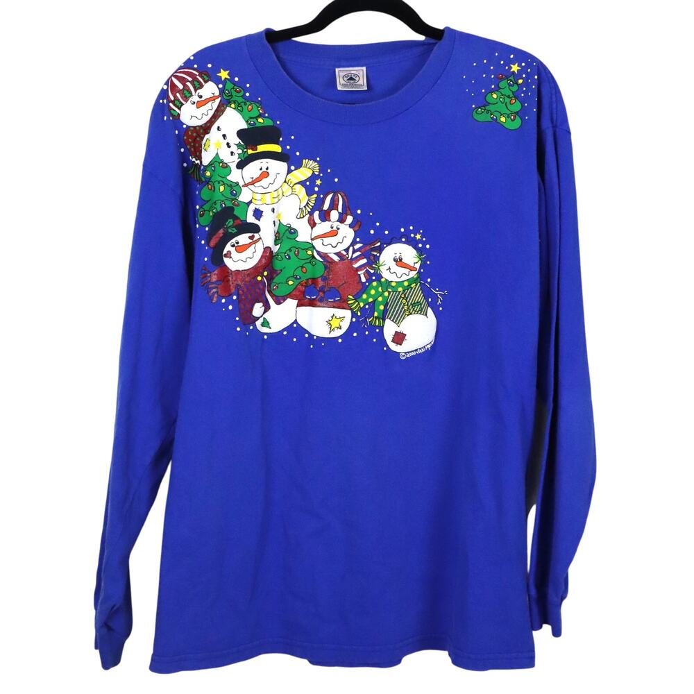 Vintage 80s Blue Christmas Sweater Cotton Snowman Puff Paint Delta Pro Weight L